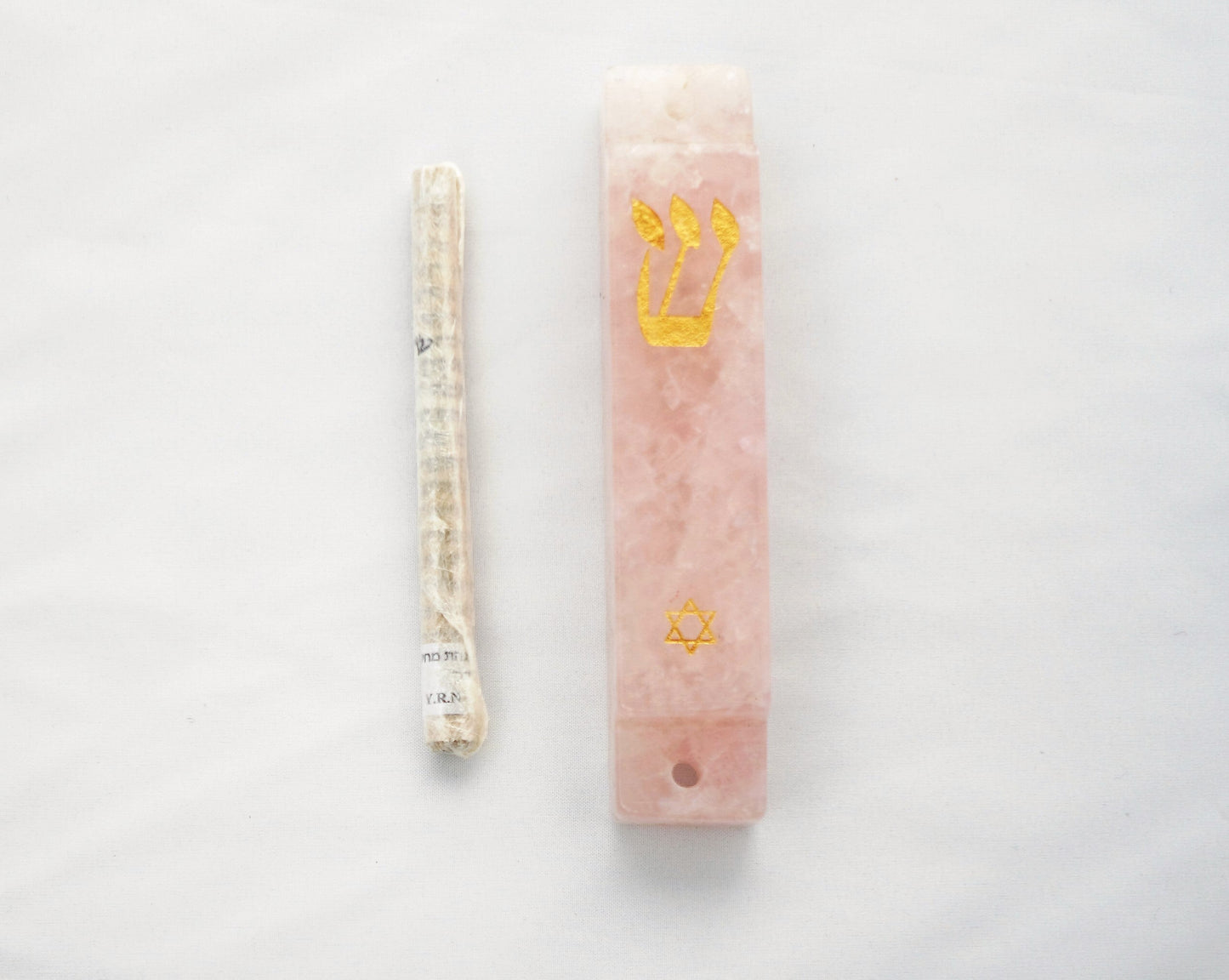 Pink Mezuzah Case- Carved Pink Quartz Stone- Gold