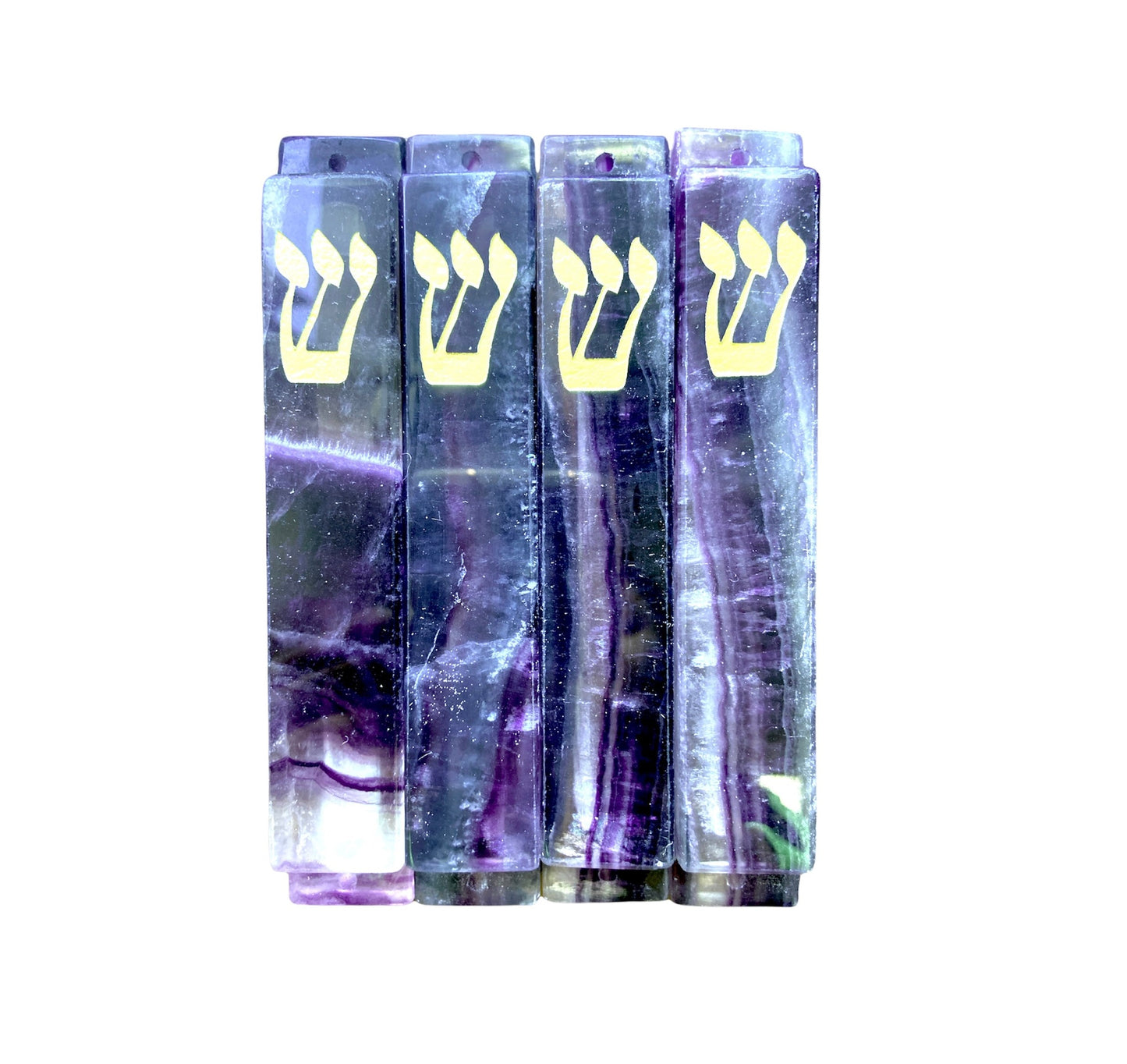 Light Tri Color Fluorite Mezuzah Case-Purple Stone- Large- Gold Resin