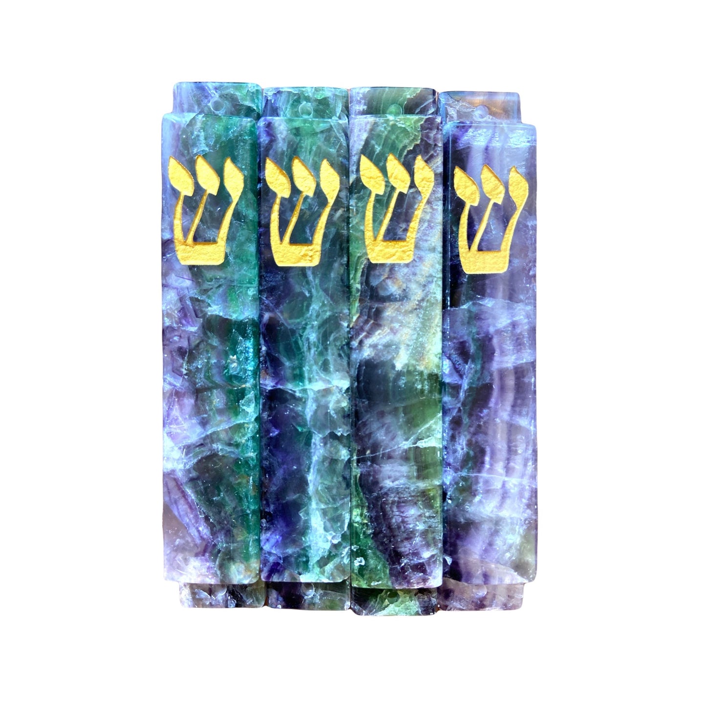 Fluorite Mezuzah Case-Purple Green Multi Color Stone- Large- Gold Resin