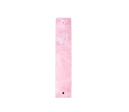 Pink Large Mezuzah Case- Carved Pink Quartz Stone- Silver