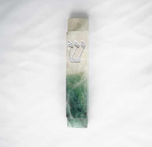 Green and White Mezuzah Case-Silver-Carved Fluorite Stone