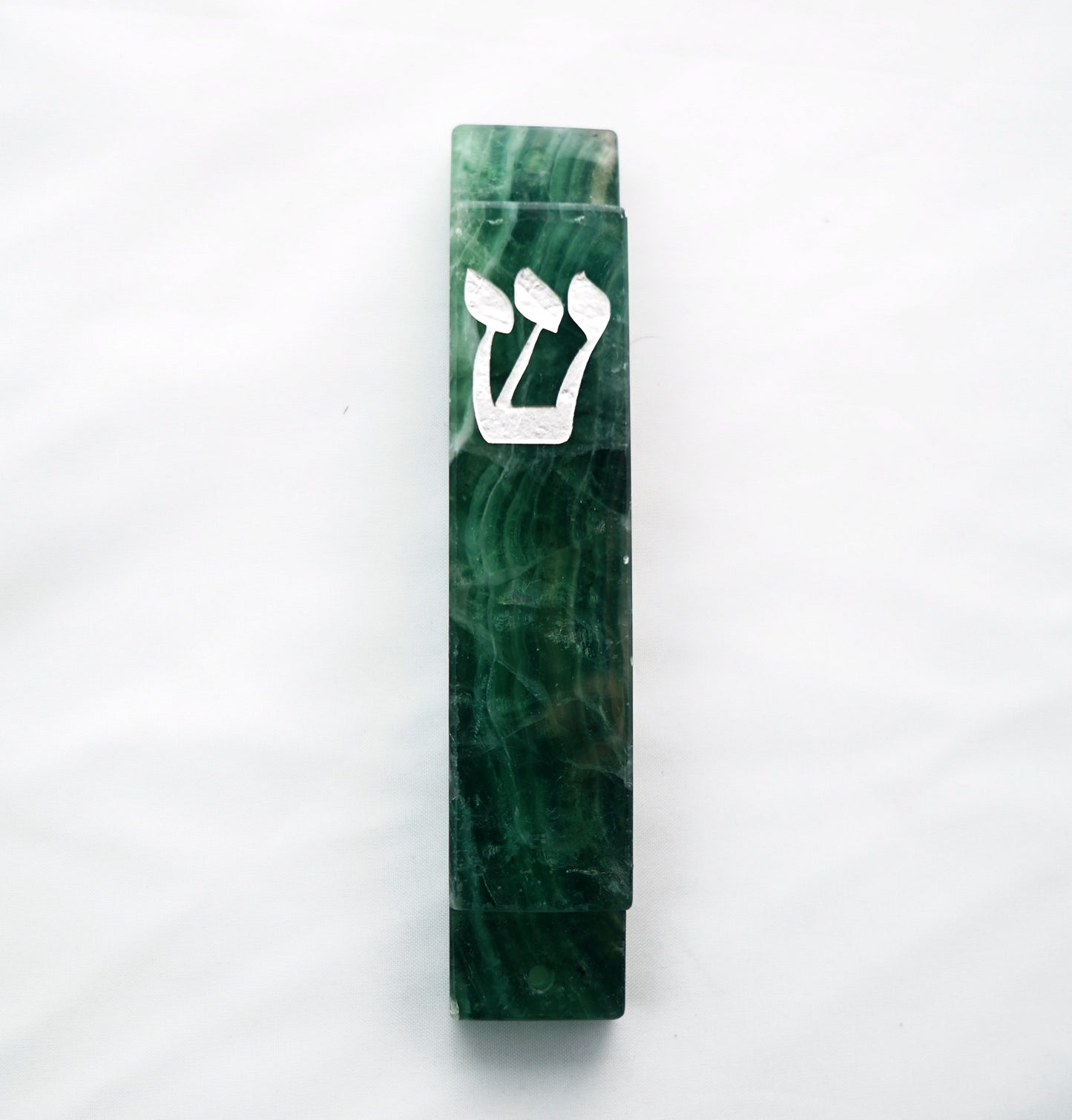 Green Dark Mezuzah Case- Silver- Handmade Carved Fluorite Stone