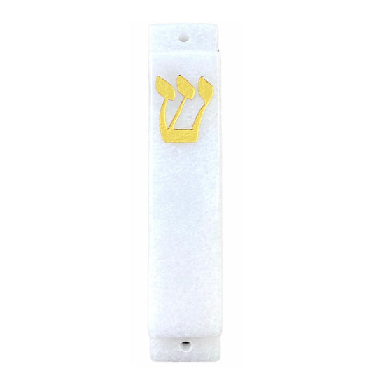 White Mezuzah Case- Gold- Carved Large White Jade Stone