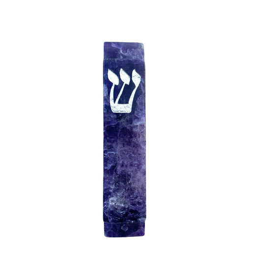 Purple Fluorite Mezuzah Case-Multicolor Stone- Silver Resin