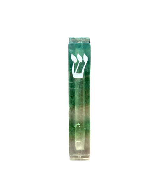 Green Fluorite Mezuzah Case-Multi-Color- Large- Silver