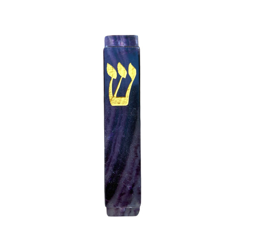 Dark Purple Fluorite Mezuzah Case-Gold Resin- Multicolor Stone