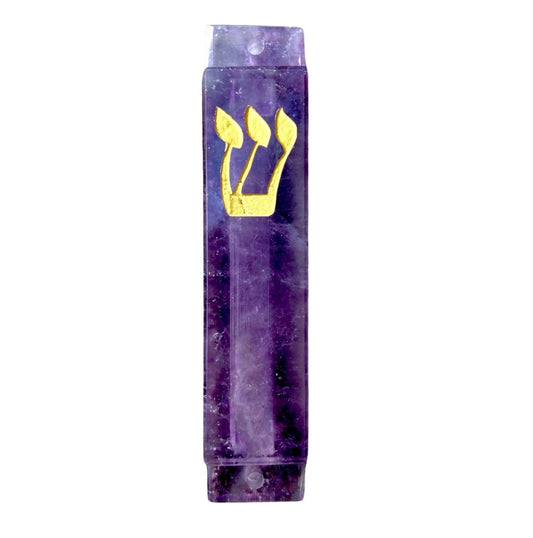 Purple Fluorite Mezuzah Case-Multicolor Stone- Gold Resin