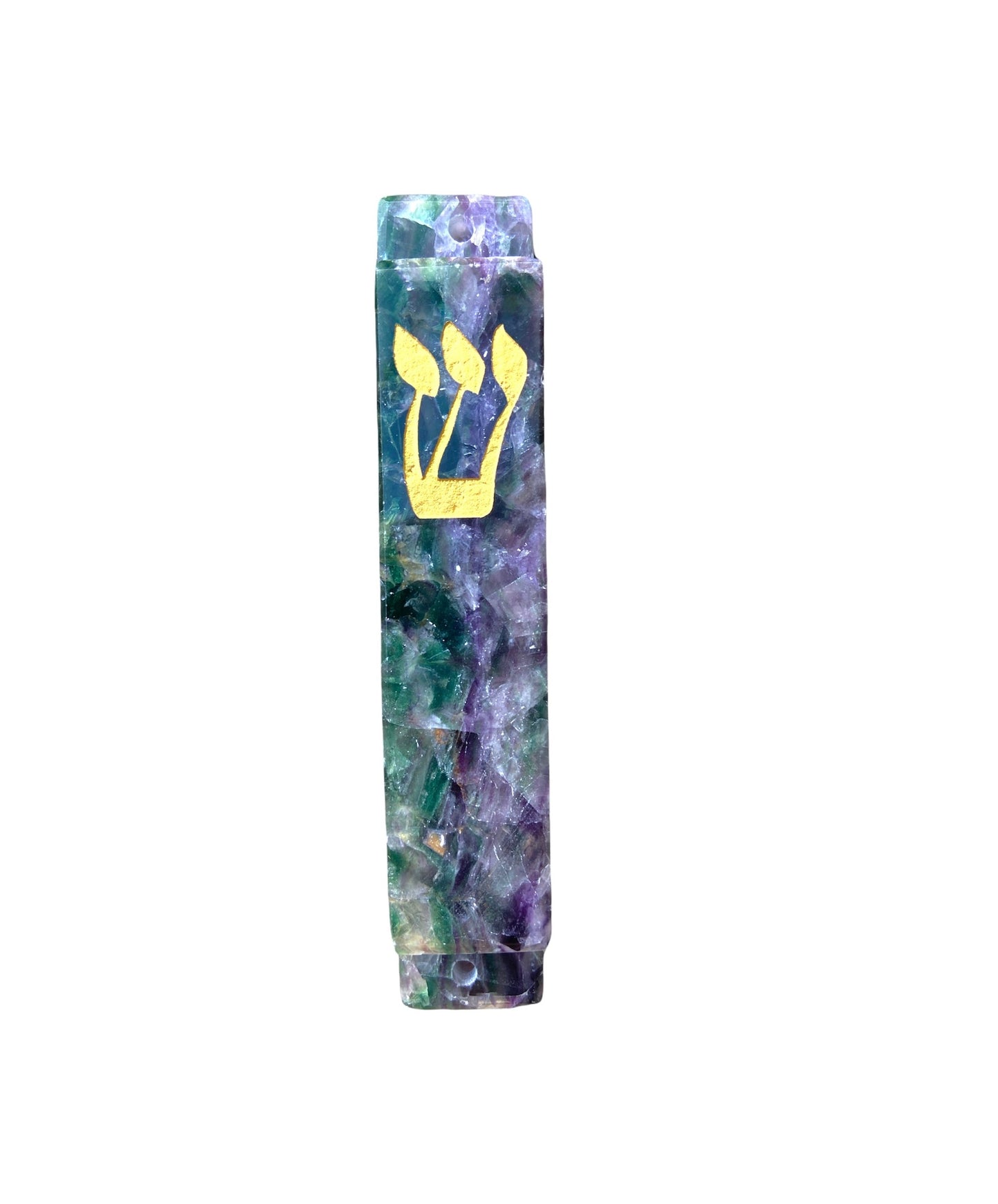 Fluorite Mezuzah Case-Purple Green Multi Color Stone- Large- Gold Resin