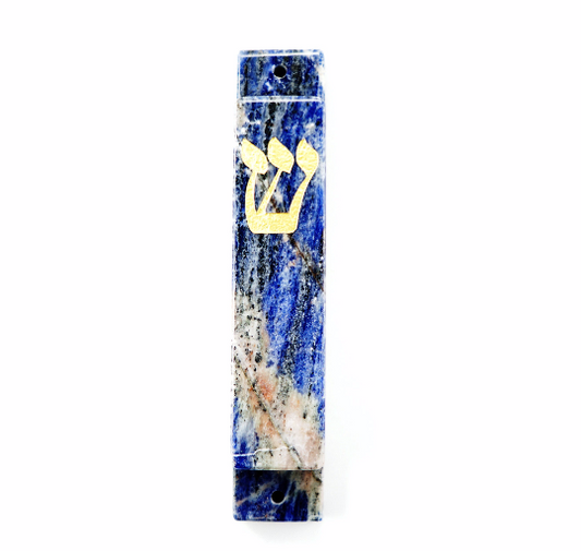 Blue and White Mezuzah Case-Gold- Sodalite