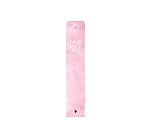 Pink Large  Mezuzah Case- Carved Pink Quartz Stone- Silver