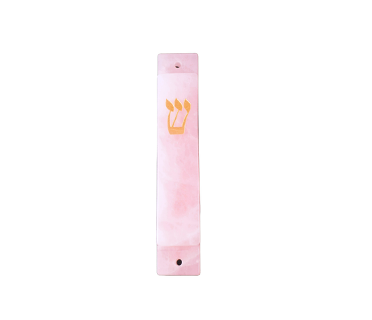 Pink Large  Mezuzah Case- Carved Pink Quartz Stone- Gold