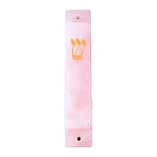 Pink Mezuzah Case- Carved Pink Quartz Stone- Gold